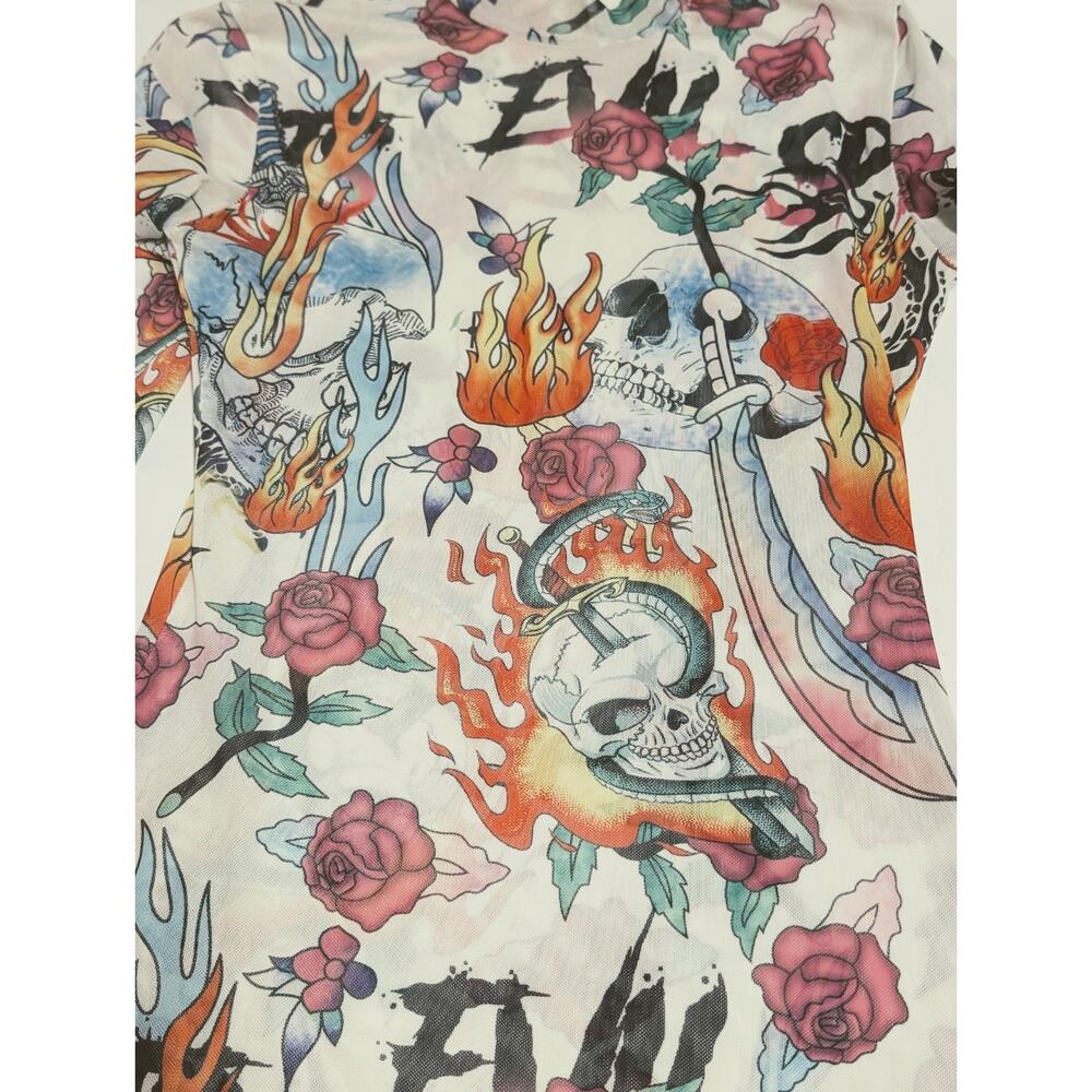 Mini Mesh Dress Sz XS Fire and Floral print Shein Dopamine Dressing Rockabilly - Picture 4 of 7